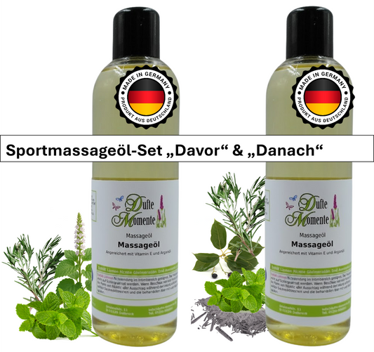 2 Flaschen Massageöl 250ml mit visualisierten Bestandteilen und Duftbanner