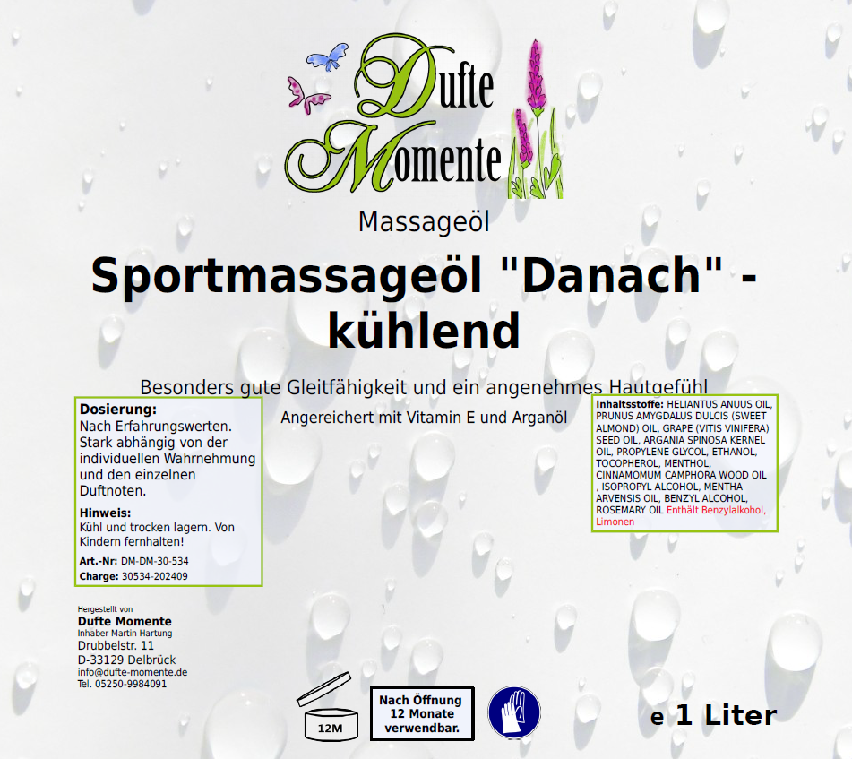 Massageöl-Etikett 1 Liter Sportmassageöl Danach