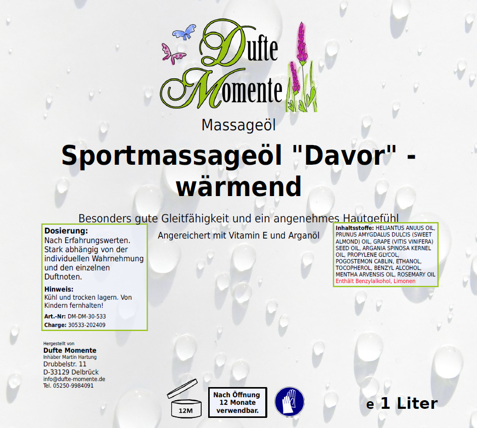 Massageöl-Etikett 1 Liter Sportmassageöl Davor