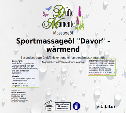 Massageöl-Etikett 1 Liter Sportmassageöl Davor