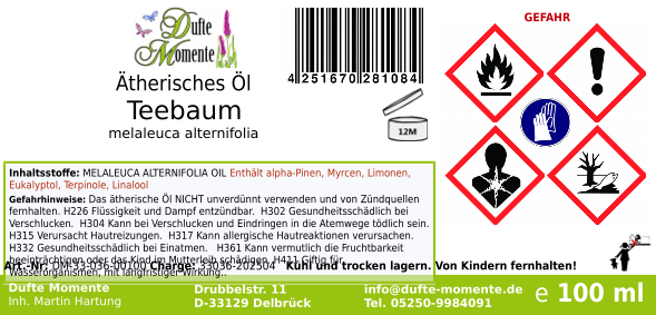 Ätherisches Öl Etikett 100 ml Teebaum