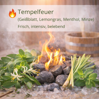 Moodbild Tempelfeuer mit Bestandteilen und Flammen auf Saunasteinen