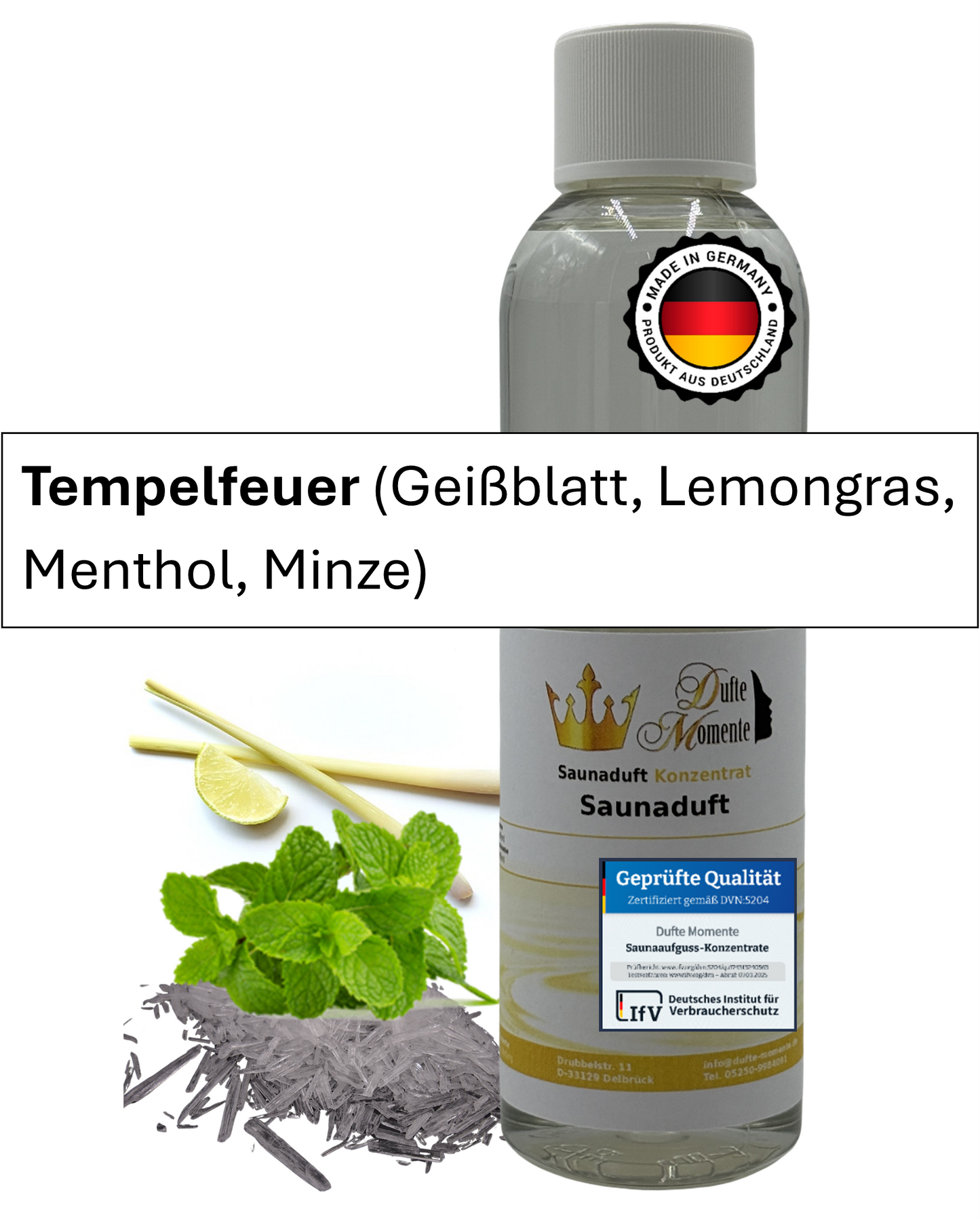 Saunaduft Tempelfeuer in 250ml Flasche mit Duftbestandteilen und Duftbanner