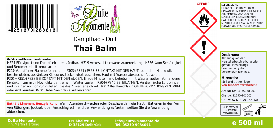 Dampfbadduft Konzentrat Etikett 500 ml Thai Balm