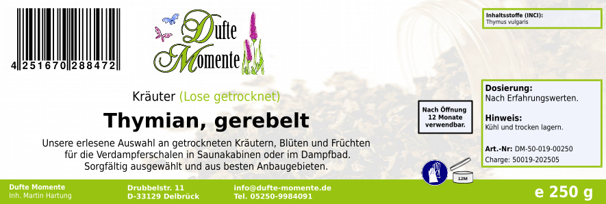 Getrocknete Kräuter Etikett 250g Thymian gerebelt