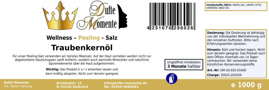 Traubenkernöl - 1 kg Salz Körperpeeling, mit BIO-Meersalz