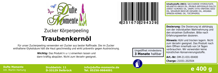 Traubenkernöl - 400g Zucker Körperpeeling, für empfindliche Haut