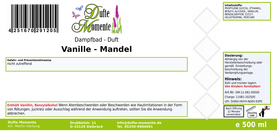 Dampfbadduft Konzentrat Etikett 500 ml Vanille - Mandel
