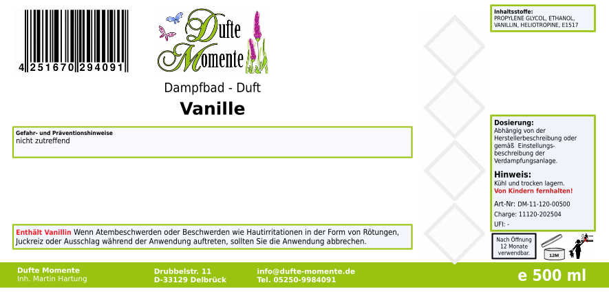 Dampfbadduft Konzentrat Etikett 500 ml Vanille