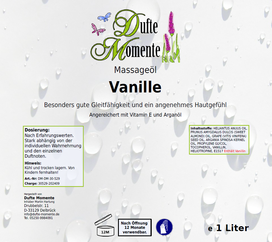 Massageöl-Etikett 1 Liter Vanille