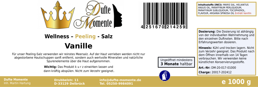 Vanille - 1 kg Salz Körperpeeling, mit BIO-Meersalz