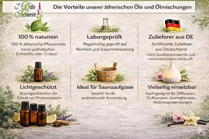Vorteile ätherischer Öle und Ölmischungen wie naturrein, laborgeprüft, vielseitig einsetzbar für sauna und diffuser