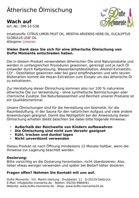 Wach auf (Eukalyptus, Minze, Zitrone) - ätherische Ölmischung, naturrein