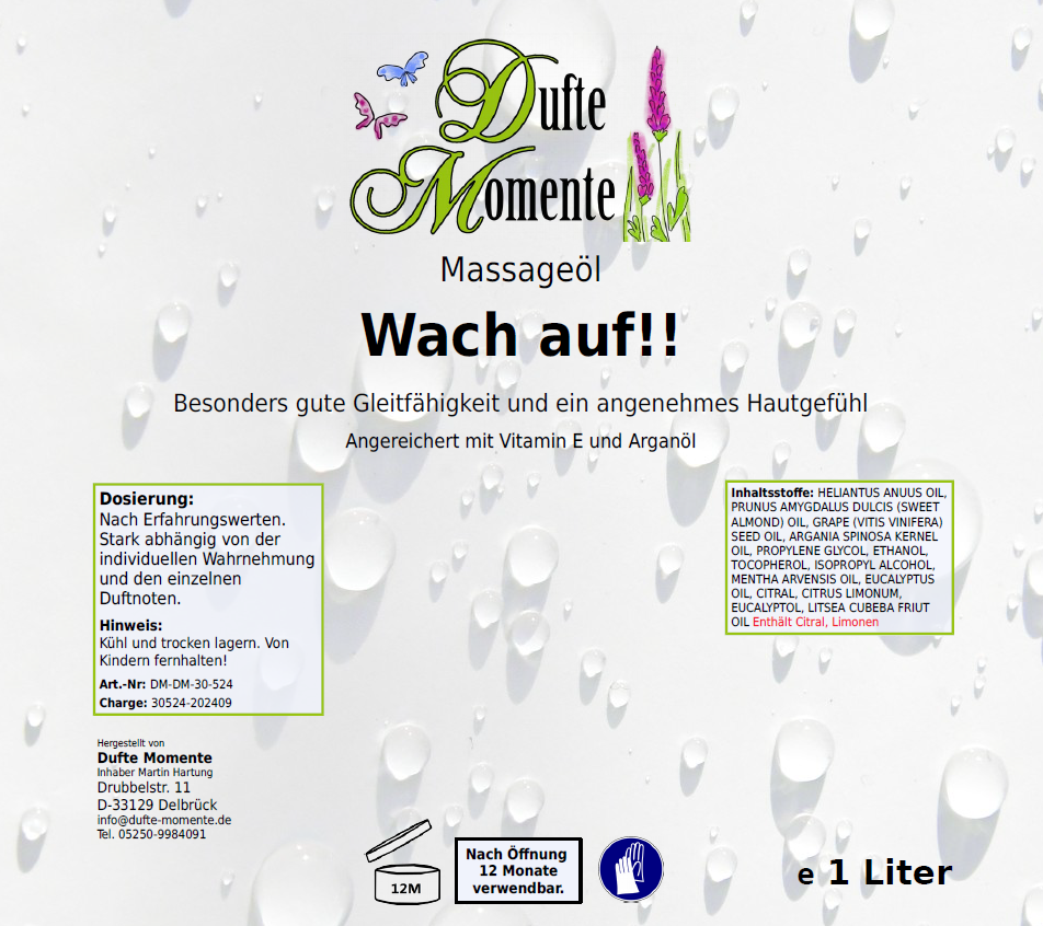 Massageöl-Etikett 1 Liter  Wach auf!!