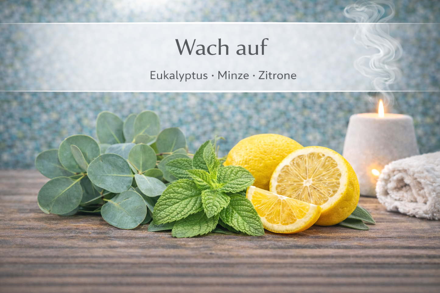 Ätherische Ölmischung Wach auf mit Eukalyptus, Minze und Zitrone in Wellness Atmosphäre