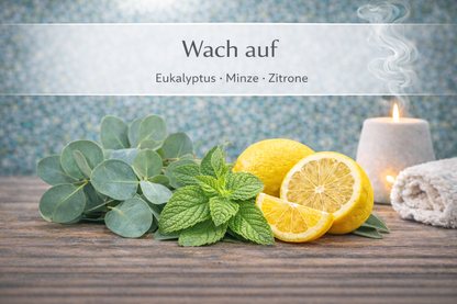 Ätherische Ölmischung Wach auf mit Eukalyptus, Minze und Zitrone in Wellness Atmosphäre