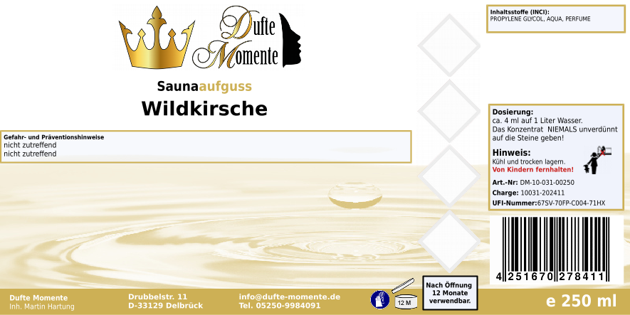 Saunaduft Konzentrat 250 ml Etikett Wildkirsche