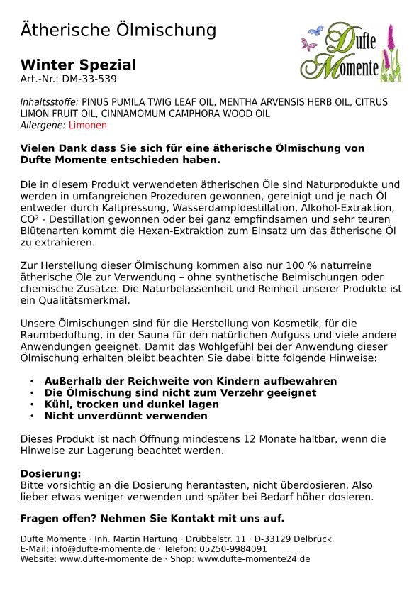 Packungsbeilage ätherische Ölmischung Winter Spezial Dufte Momente mit Inhaltsstoffen Anwendung und Sicherheitshinweisen