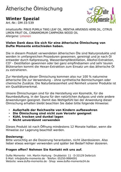 Packungsbeilage ätherische Ölmischung Winter Spezial Dufte Momente mit Inhaltsstoffen Anwendung und Sicherheitshinweisen