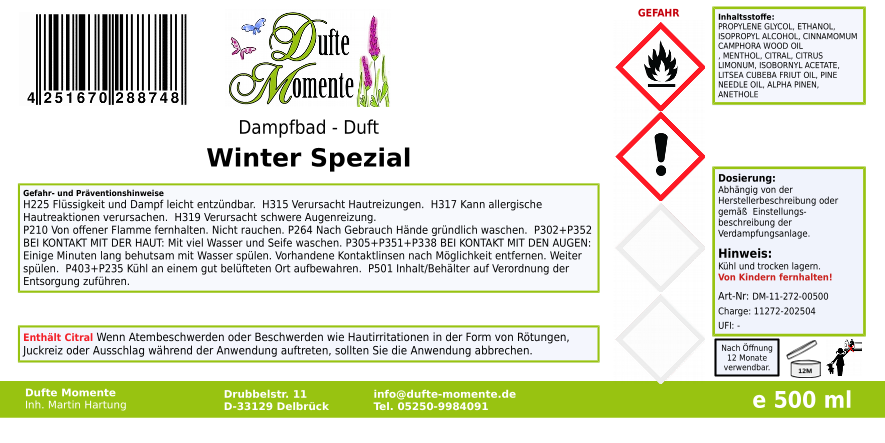 Dampfbadduft Konzentrat Etikett 500 ml Winter Spezial