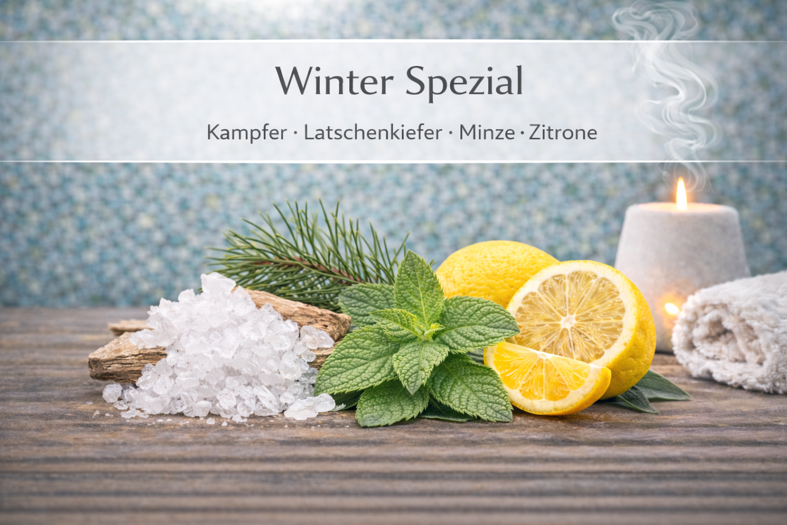 Ätherische Ölmischung Winter Spezial mit Zitrone und Kiefer in Wellness Atmosphäre