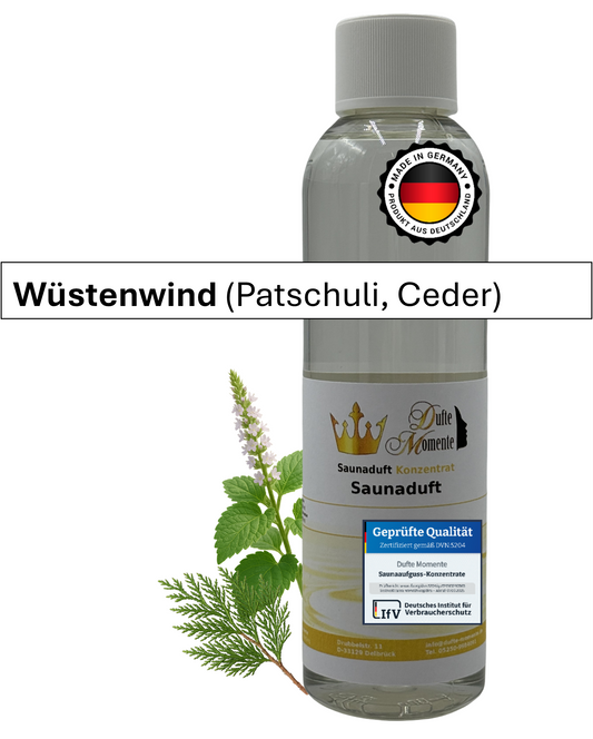 Saunaduft Wüstenwind in 250ml Flasche mit Duftbestandteilen und Duftbanner