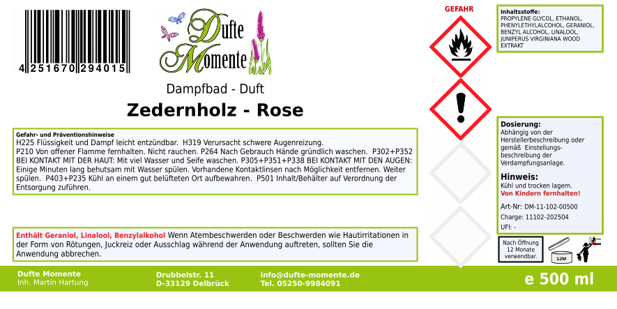 Dampfbadduft Konzentrat Etikett 500 ml Zedernholz - Rose