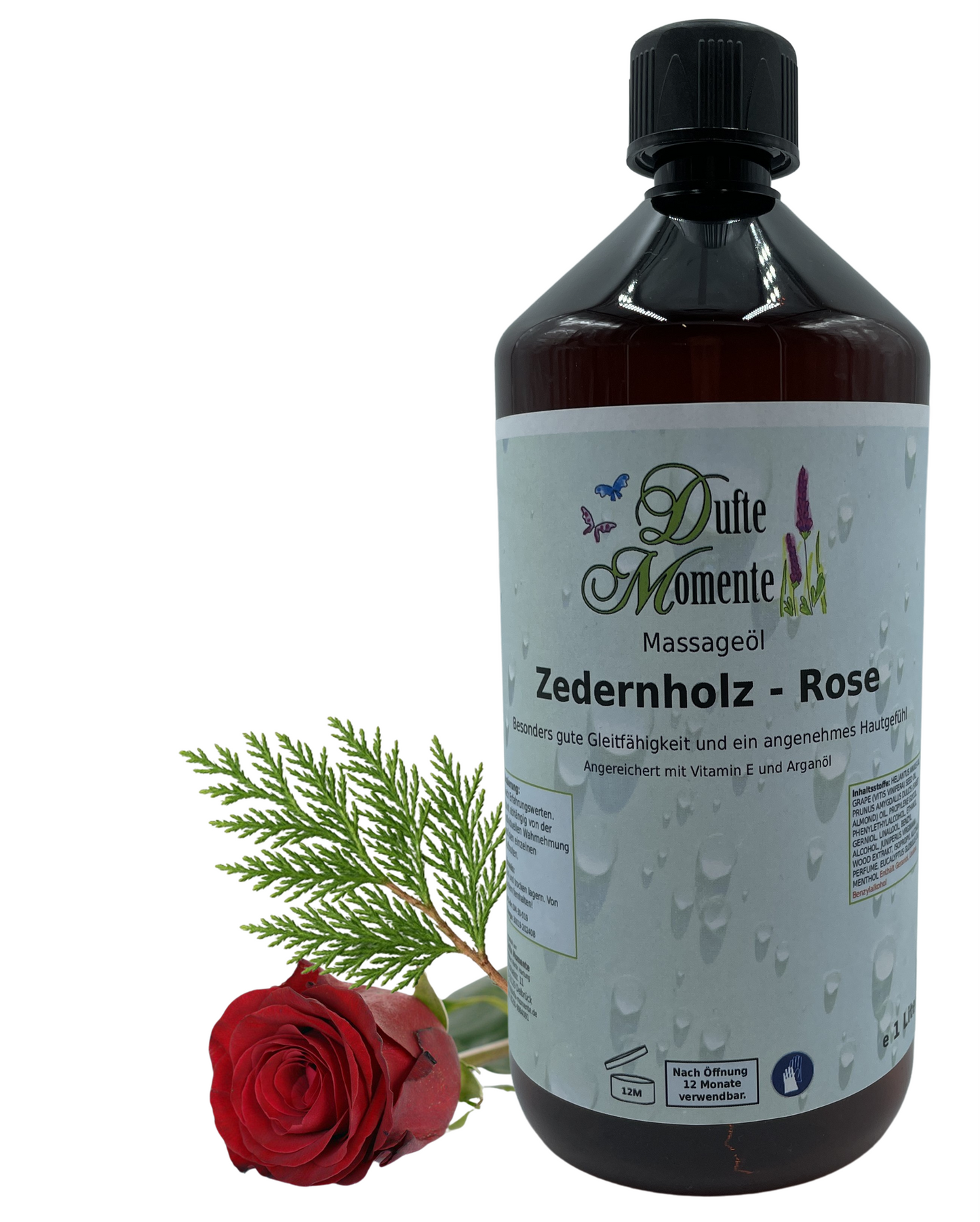 Massageöl 1 Liter Zedernholz-Rose mit visualisierten Bstandteilen