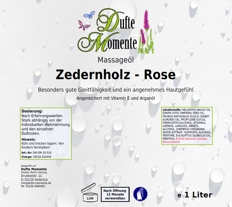 Massageöl-Etikett 1 Liter Zedernholz - Rose