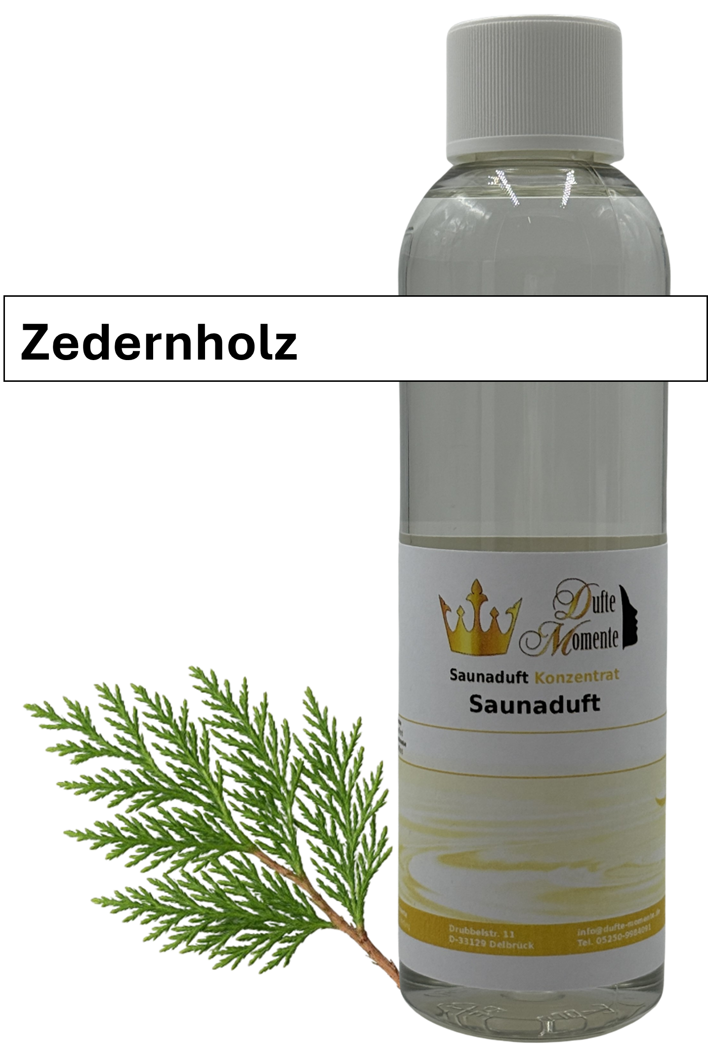 Saunaaufguss Zedernholz in 250ml Flasche mit Duftbanner