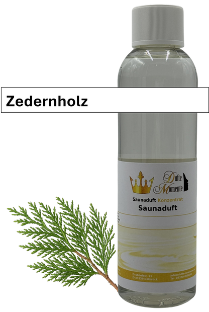 Saunaaufguss Zedernholz in 250ml Flasche mit Duftbanner