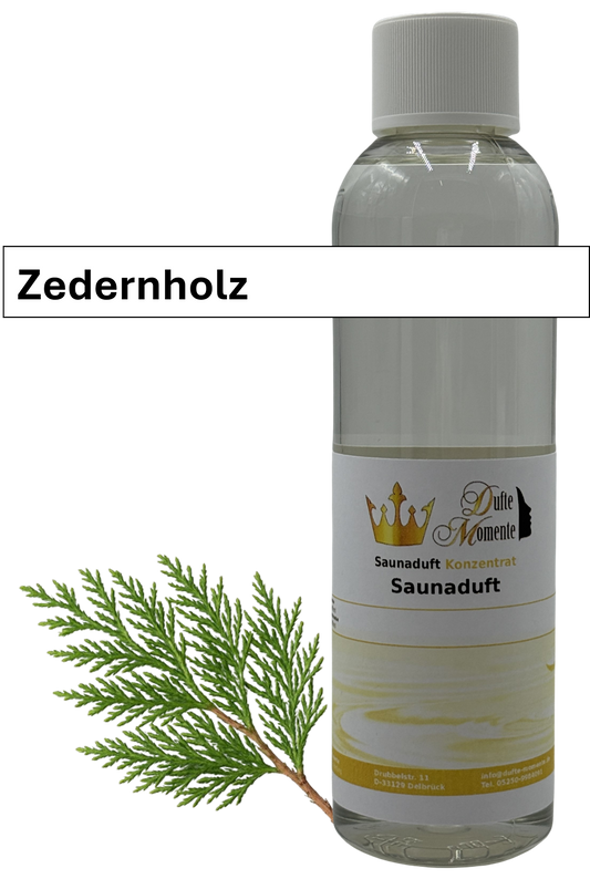 Saunaaufguss Zedernholz in 250ml Flasche mit Duftbanner