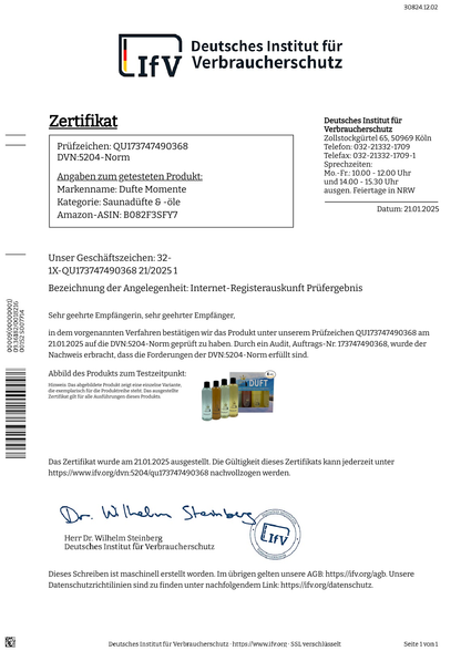Zertifikat des IfV zu Whirlpooldüfte von Dufte Momente