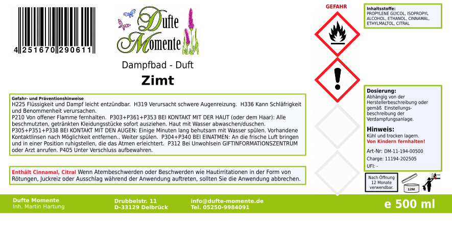 Dampfbadduft Konzentrat Etikett 500 ml Zimt