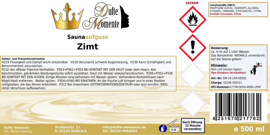 Saunaduft Konzentrat 500 ml Etikett Zimt