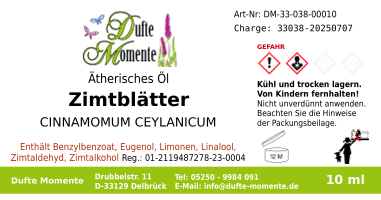 Ätherisches Öl Etikett 10 ml Zimtblätter