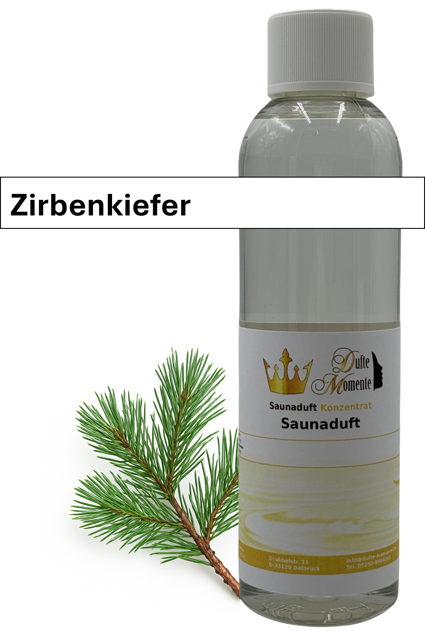 Saunaaufguss Zirbenkiefer in 250ml Flasche mit Duftbanner