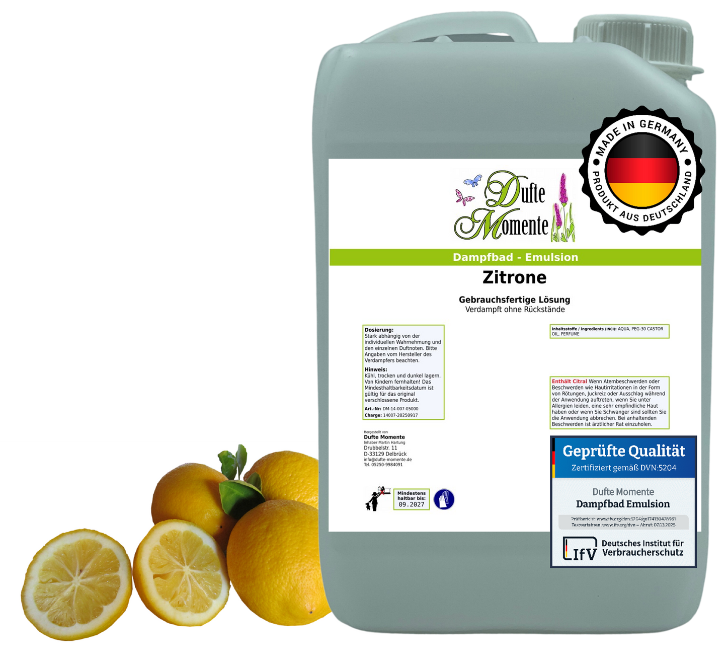 Dampfbad-Emulsion Zitrone | Gebrauchsfertig & DVN-Zertifiziert für Dein Home-Spa | 3L, 5L, 10L