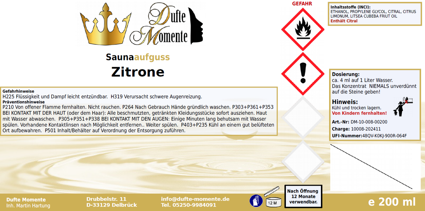 Saunaduft Konzentrat Etikett 200 ml Zitrone