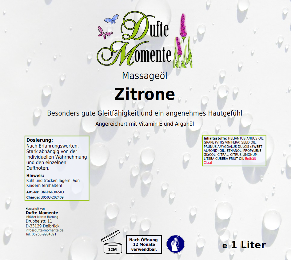 Massageöl-Etikett 1 Liter Zitrone