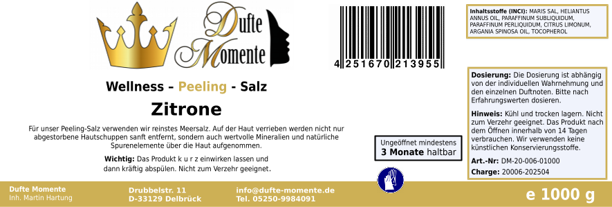 Zitrone - 1 kg Salz Körperpeeling, mit BIO-Meersalz