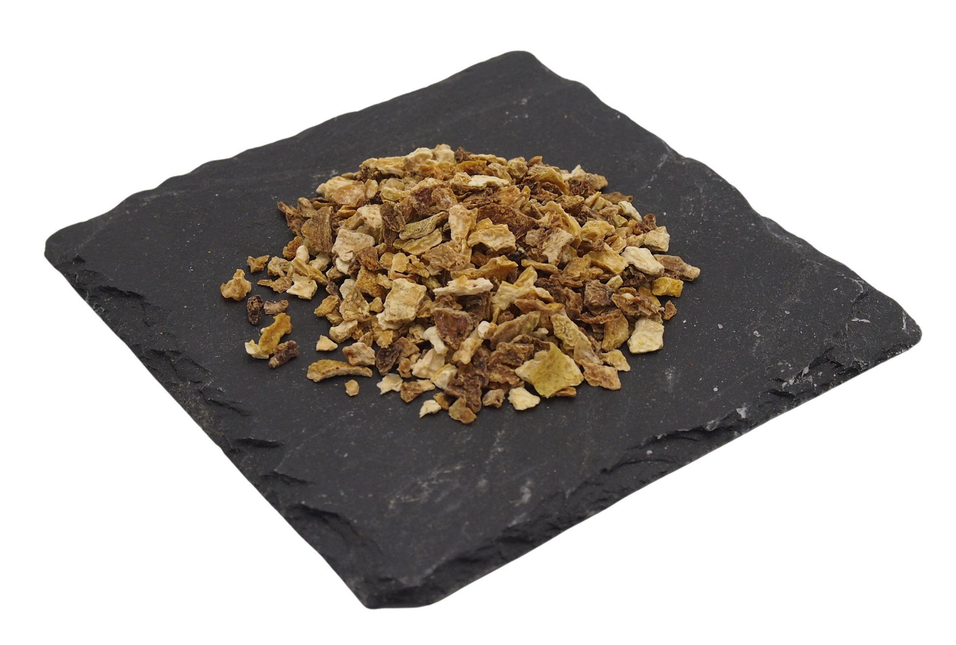 Getrocknete und geschnittene Zitronen auf Schiefertafel