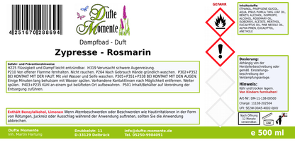 Dampfbadduft Konzentrat Etikett 500 ml Zypresse - Rosmarin