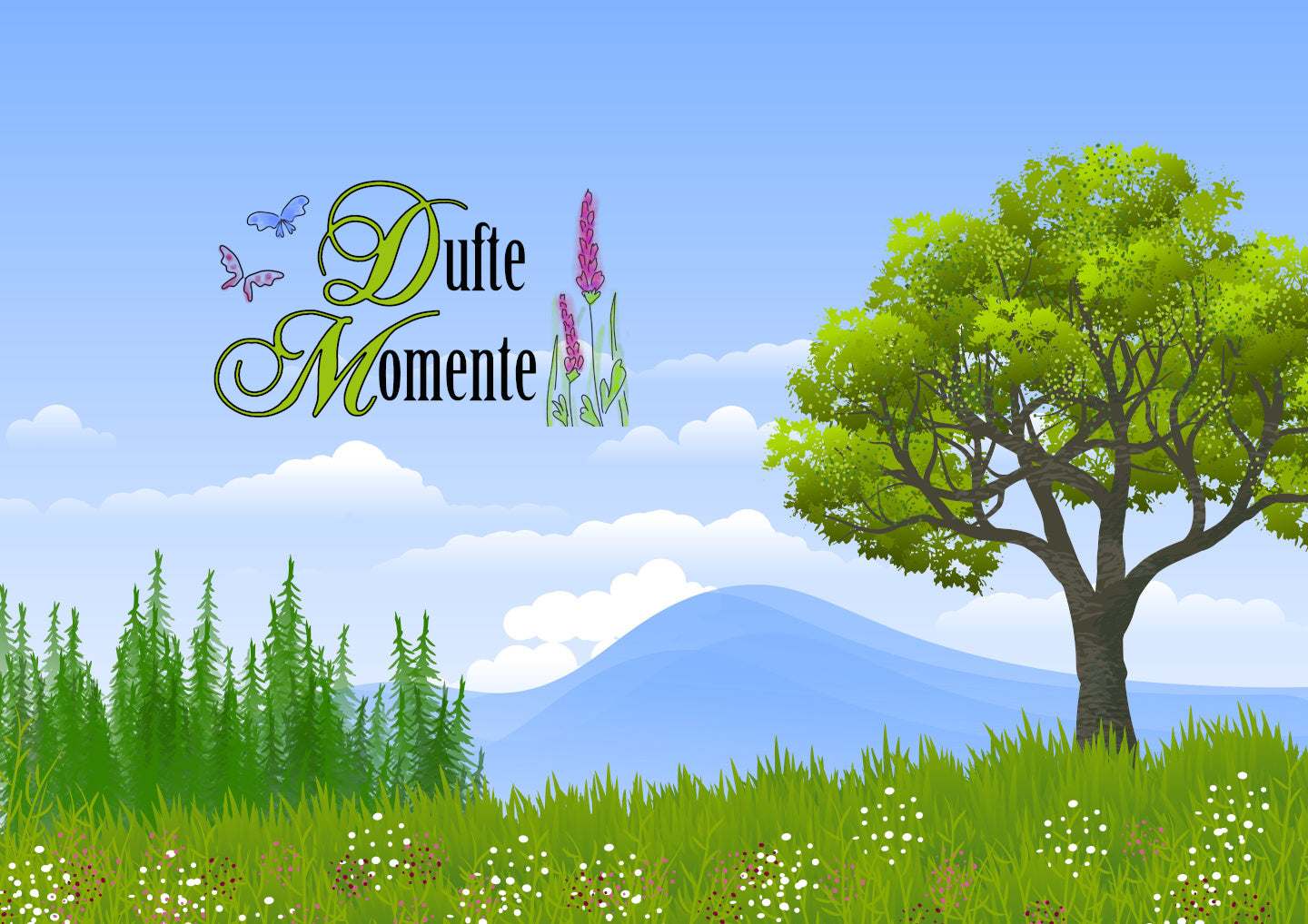 Zeichnung von grüner Wiese mit Baum und Logo