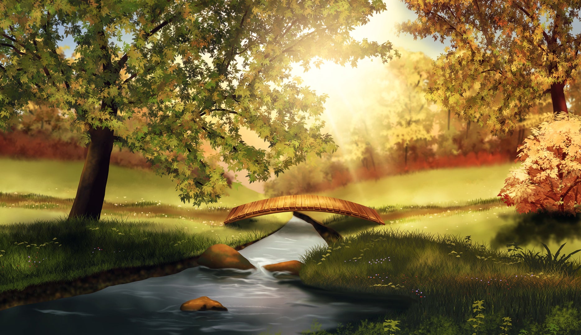Sommerlich Wiese, Bäume und ein Bach der von einer Brücke überspannt wird.