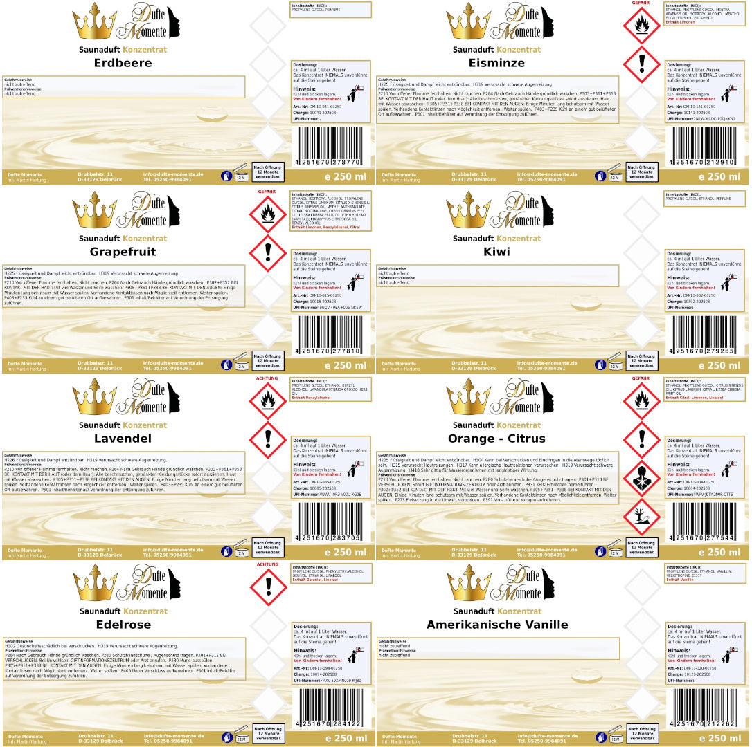 Zusammenstellung Etiketten der 8 Saundüfte
