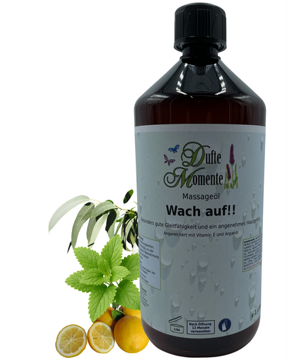 Massageöl 1 Liter wach auf mit visualisierten Bestandteilen