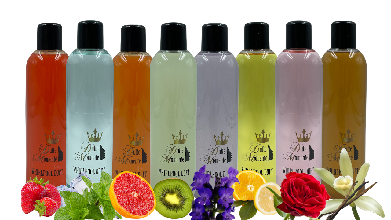 Sommerset Whirlpoolduft 8x260ml Flaschen mit den Düften entsprechenden Blüten und Früchten